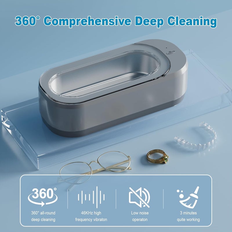 KUNPHY Ultrasonic Jewelry Cleaner, Jewelry Cleaner Machine 12oz 46KHz, Professional Sonic Cleaner with One-Touch Operation, Sonic Cleaner for Rings, Glasses, Jewelry, Dentures, Grey - Image 2